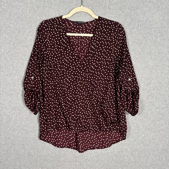 West‎ Kei Blouse Small Brown Cream Wrap Drape Hi Lo Flowy Loose Career Church - Picture 1 of 12